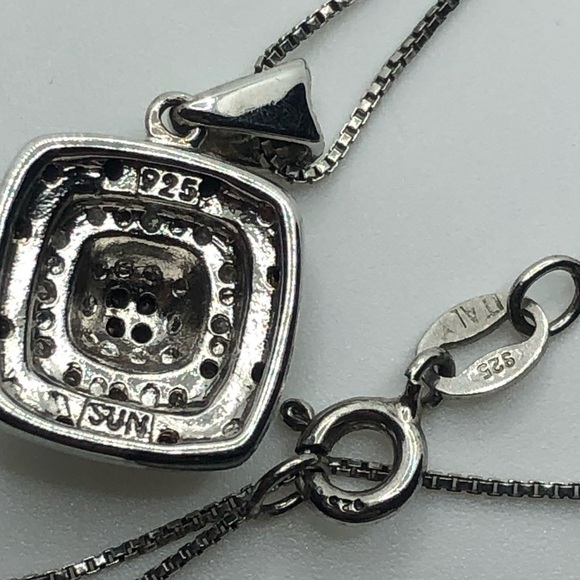 BLACK & White Diamond Sterling Silver Square Pendant w Chain 19” + .7” Total - Picture 6 of 9